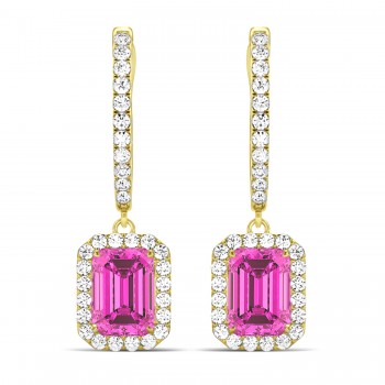 Emerald Shape Pink Topaz & Diamond Halo Dangling Earrings 14k Yellow Gold (1.80ct)