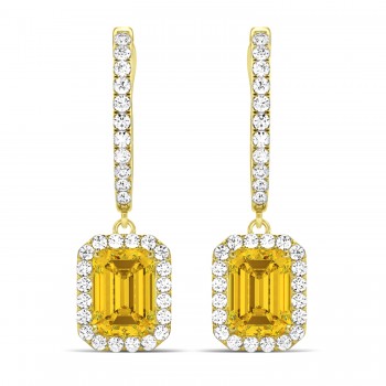 Emerald Shape Yellow Sapphire & Diamond Halo Dangling Earrings 14k Yellow Gold (1.90ct)