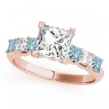 Princess Moissanite Aquamarines & Diamonds Engagement Ring 14k Rose Gold (1.60ct)