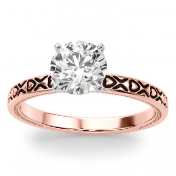 Vintage Style Heart Carved Engagement Ring 14K Rose Gold