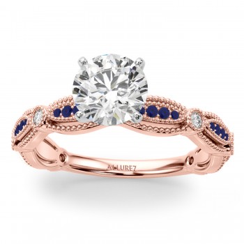Antique Style Blue Sapphire & Diamond Engagement Ring 14K Rose Gold (0.20ct)