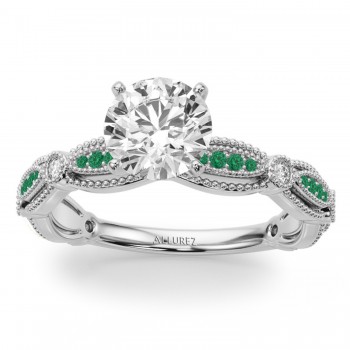 Antique Style Emerald & Diamond Engagement Ring 14K White Gold (0.20ct)