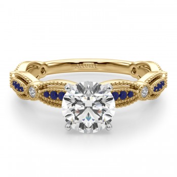 Antique Style Blue Sapphire & Diamond Engagement Ring 14K Yellow Gold (0.20ct)