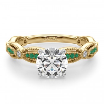 Antique Style Emerald & Diamond Engagement Ring 14K Yellow Gold (0.20ct)