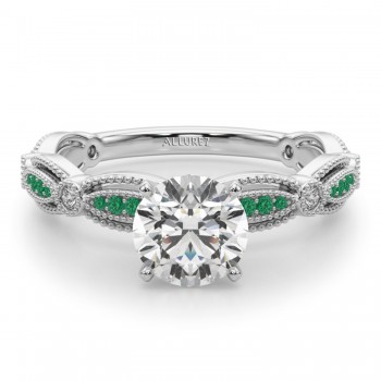 Antique Style Emerald & Diamond Engagement Ring 18K White Gold (0.20ct)