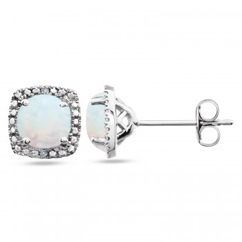 Lab Grown White Opal & Natural Diamond Stud Earrings in Sterling Silver (0.65ct)