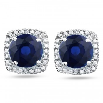 Lab-Grown Blue Sapphire & Natural Diamond Stud Earrings in Sterling Silver (1.23ct)