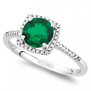 Lab Grown Emerald & Natural Diamond Ring in Sterling Silver (1.20ct)