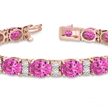 Diamond & Oval Cut Pink Tourmaline Tennis Bracelet 14k R Gold (13.62ct)