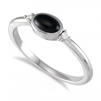 Oval Natural Cabochon Onyx & Diamond Ring 14K White Gold (0.35ct)