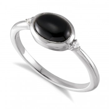 Oval Natural Cabochon Onyx & Diamond Ring 14K White Gold (1.02ct)