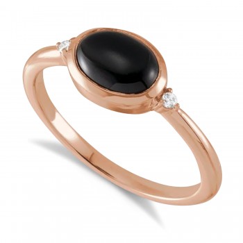 Oval Natural Cabochon Onyx & Diamond Ring 14K Rose Gold (1.02ct)