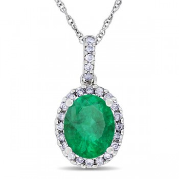 Emerald & Halo Diamond Pendant Necklace in 14k White Gold 2.14ct