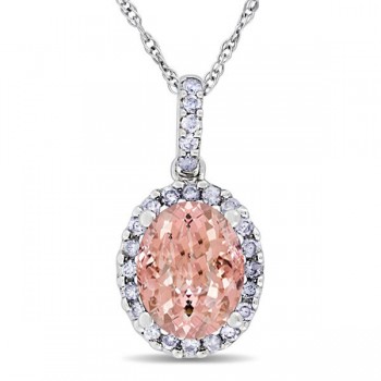 Morganite & Halo Diamond Pendant Necklace in 14k White Gold 2.84ct