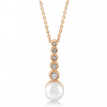 Diamond & Akoya Pearl Bar Pendant Necklace 14k Rose Gold (6.50mm)