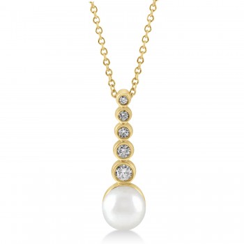 Diamond & Akoya Pearl Bar Pendant Necklace 14k Yellow Gold (6.50mm)