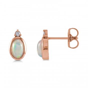 Oval Natural Cabochon Ethiopian Opal & Diamond Stud Earrings 14K Rose Gold (0.34ct)