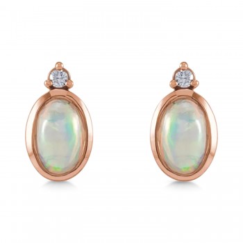 Oval Natural Cabochon Ethiopian Opal & Diamond Stud Earrings 14K Rose Gold (0.34ct)