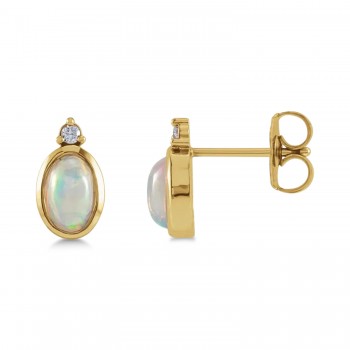 Oval Natural Cabochon Ethiopian Opal & Diamond Stud Earrings 14K Yellow Gold (0.34ct)