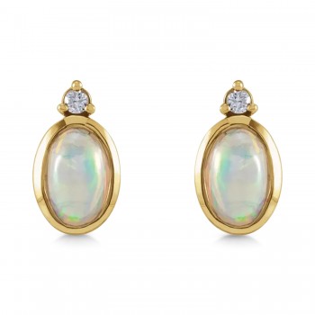 Oval Natural Cabochon Ethiopian Opal & Diamond Stud Earrings 14K Yellow Gold (0.34ct)