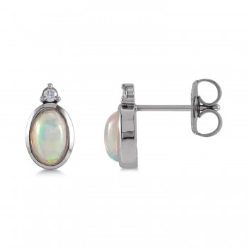 Oval Natural Cabochon Ethiopian Opal & Diamond Stud Earrings 14K White Gold (0.34ct)