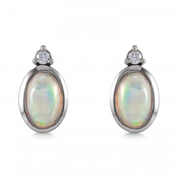 Oval Natural Cabochon Ethiopian Opal & Diamond Stud Earrings 14K White Gold (0.34ct)