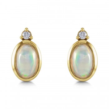 Oval Natural Cabochon Ethiopian Opal & Diamond Stud Earrings 14K Yellow Gold (0.84ct)