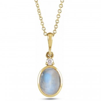 Oval Natural Rainbow Moonstone & Natural Diamond Pendant Necklace 14K Yellow Gold (0.62ct)