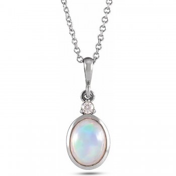 Oval Natural White Ethiopian Opal & Natural Diamond Pendant Necklace 14K White Gold (0.33ct)