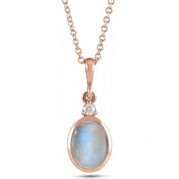 Oval Natural Rainbow Moonstone & Natural Diamond Pendant Necklace 14K Rose Gold (0.62ct)