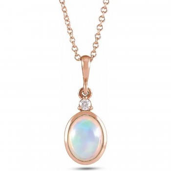 Oval Natural White Ethiopian Opal & Natural Diamond Pendant Necklace 14K Rose Gold (0.33ct)