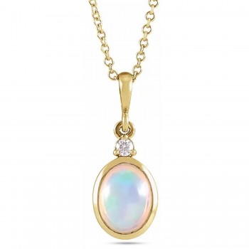 Oval Natural White Ethiopian Opal & Natural Diamond Pendant Necklace 14K Yellow Gold (1.57ct)
