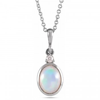 Oval Natural White Ethiopian Opal & Natural Diamond Pendant Necklace 14K White Gold (1.57ct)