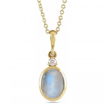 Oval Natural Rainbow Moonstone & Natural Diamond Pendant Necklace 14K Yellow Gold (1.63ct)