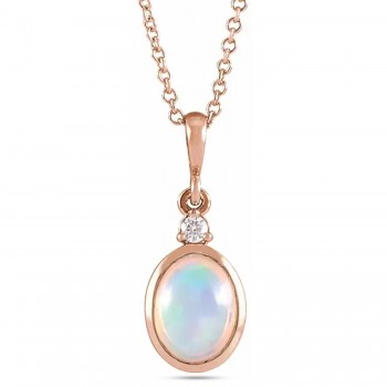 Oval Natural White Ethiopian Opal & Natural Diamond Pendant Necklace 14K Rose Gold (1.57ct)