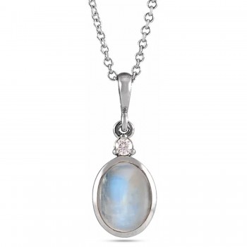 Oval Natural Rainbow Moonstone & Natural Diamond Pendant Necklace 14K White Gold (1.63ct)