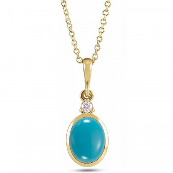 Oval Natural Turquoise & Natural Diamond Pendant Necklace 14K Yellow Gold (0.41ct)