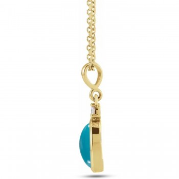Oval Natural Turquoise & Natural Diamond Pendant Necklace 14K Yellow Gold (0.41ct)