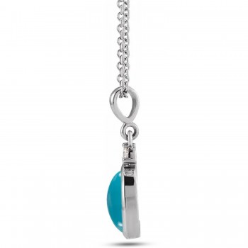 Oval Natural Turquoise & Natural Diamond Pendant Necklace 14K White Gold (0.41ct)