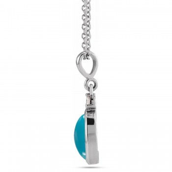 Oval Natural Turquoise & Natural Diamond Pendant Necklace 14K White Gold (2.03ct)