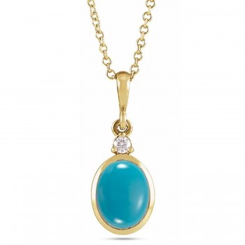 Oval Natural Turquoise & Natural Diamond Pendant Necklace 14K Yellow Gold (2.03ct)
