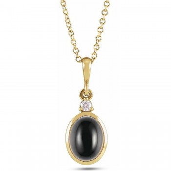 Oval Natural Onyx & Natural Diamond Pendant Necklace 14K Yellow Gold (0.33ct)