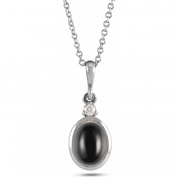 Oval Natural Onyx & Natural Diamond Pendant Necklace 14K White Gold (0.33ct)