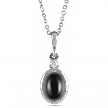 Oval Natural Onyx & Natural Diamond Pendant Necklace 14K White Gold (2.03ct)