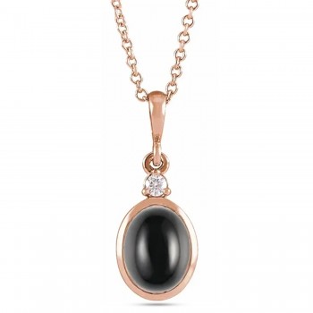 Oval Natural Onyx & Natural Diamond Pendant Necklace 14K Rose Gold (2.03ct)
