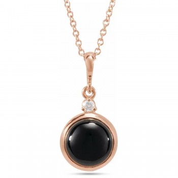 Round Natural Onyx & Natural Diamond Pendant Necklace 14K Rose Gold (1.53ct)