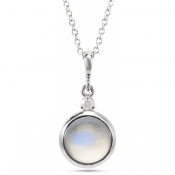 Round Natural Rainbow Moonstone & Natural Diamond Pendant Necklace 14K White Gold (2.53ct)