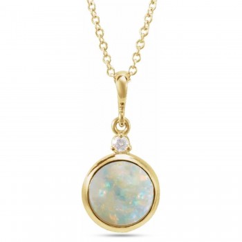 Round Natural White Opal & Natural Diamond Pendant Necklace 14K Yellow Gold (1.11ct)