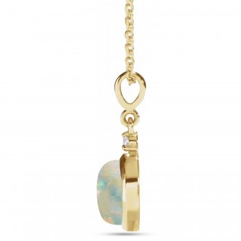 Natural White Opal & Natural Diamond Pendant Necklace 14K Yellow Gold (1.11ct)