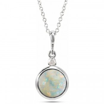 Round Natural White Opal & Natural Diamond Pendant Necklace 14K White Gold (1.11ct)